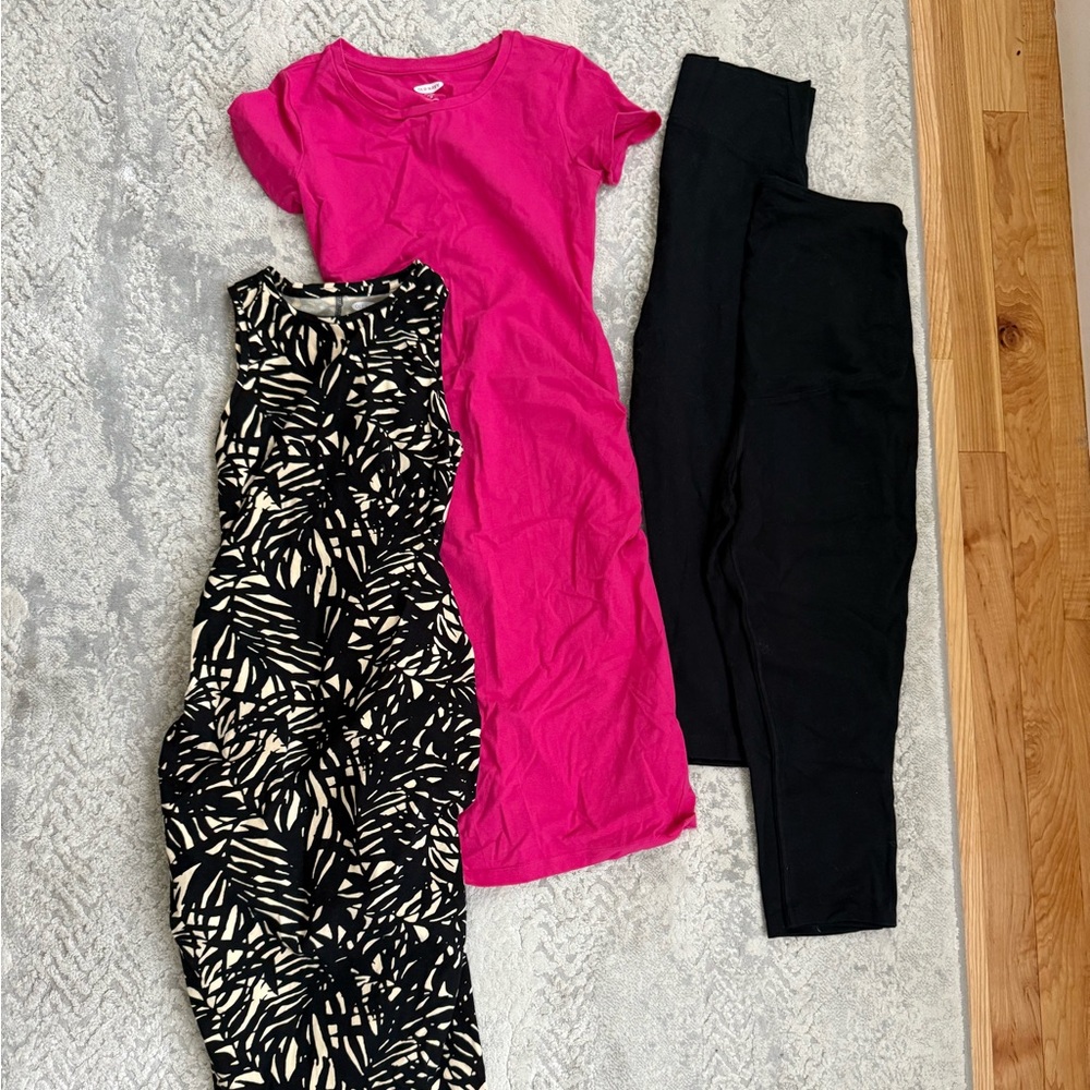 Maternity Bundle/Lot! Pink Dress and Black Leaf Print Dress with Black Leggings